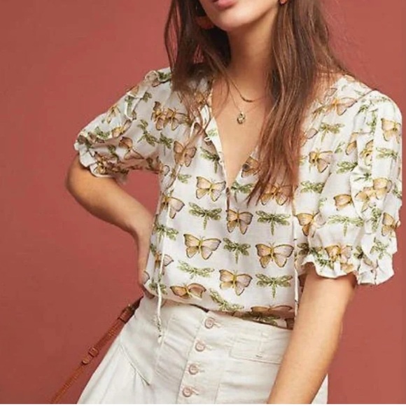 New Maeve Anthropologie Butterfly dragonflies Print Cream Blouse 4 $129 - Picture 2 of 7